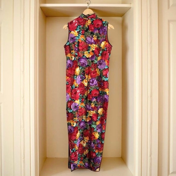 Vintage 90s/Y2K Blue Floral body hugging,Chinese Maxi Slip Dress,bold floral - Picture 2 of 7